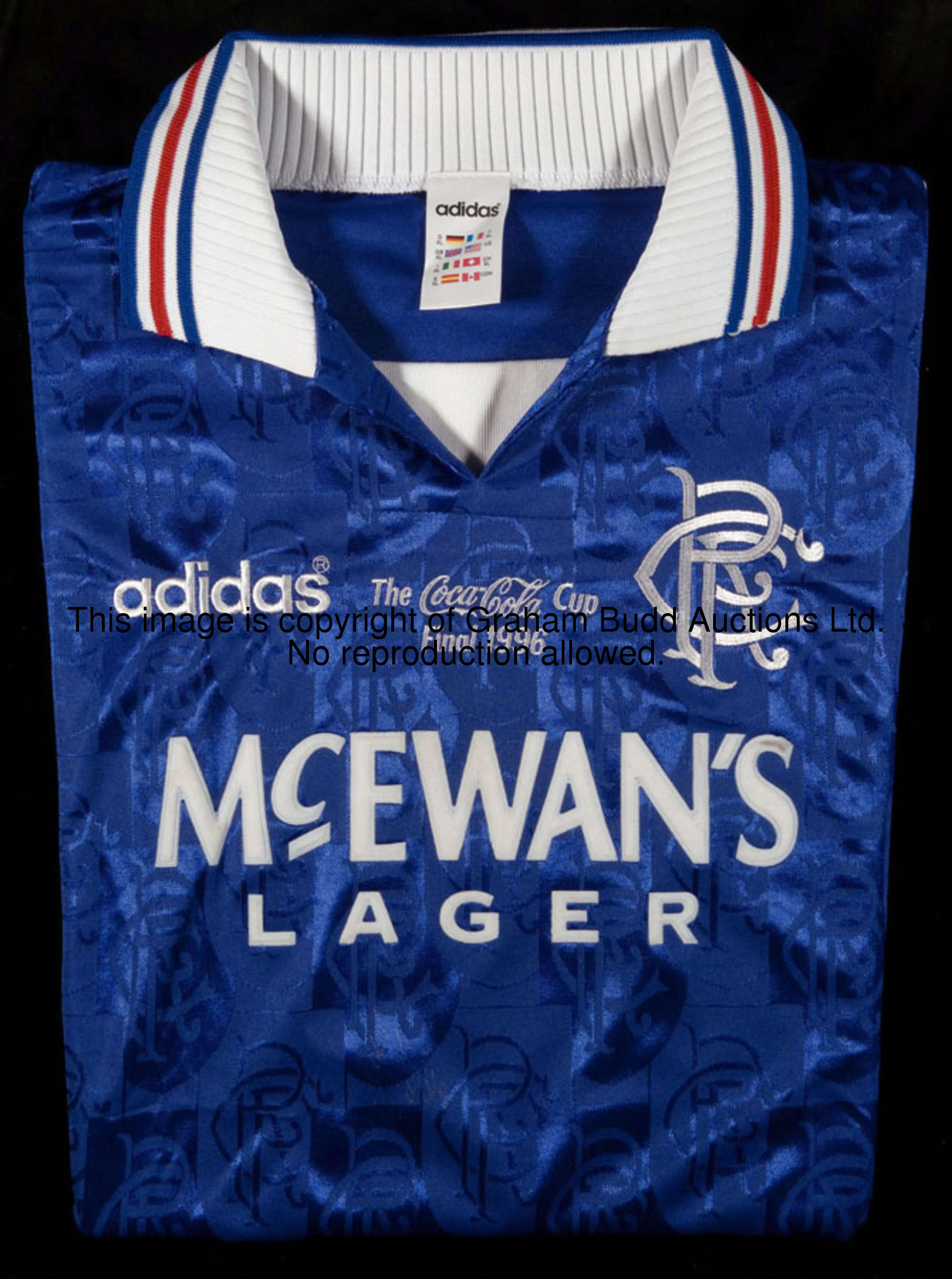 Richard Gough's match-worn blue, white and red Rangers No.4 Coca-Cola Cup  final jersey, with v-neck  - Graham Budd Auctions