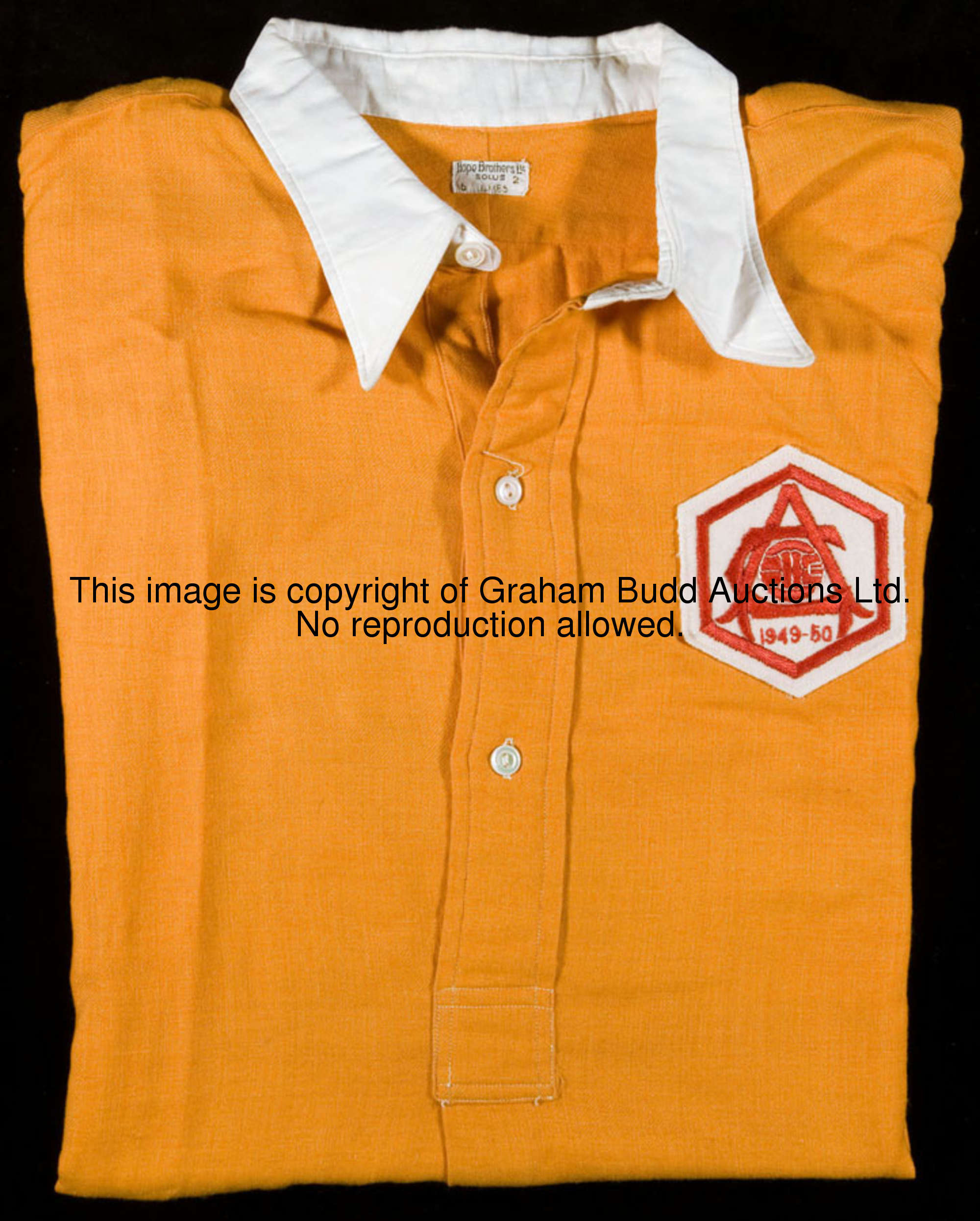 Laurie Scott's orange Arsenal No.2 1950 F.A. Cup final shirt, button-up collar, embroidered club bad...