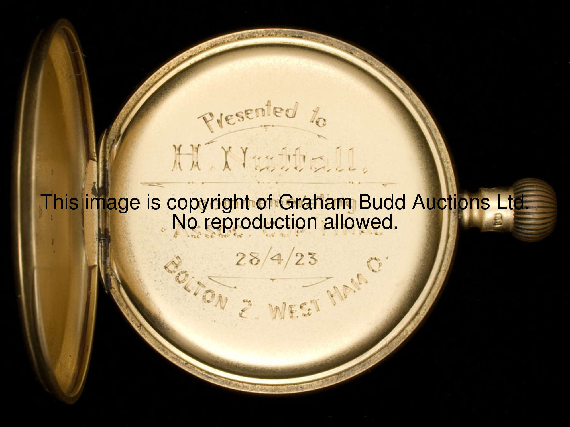 A gold watch presented to Harry Nuttall in commemoration of Bolton Wanderer's victory in the 1923 F....