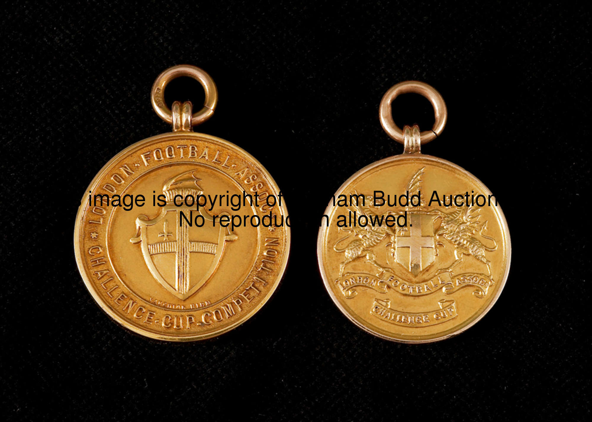 Two London Football Association Challenge Cup medals relating to West Ham United FC, both in 9ct. go...