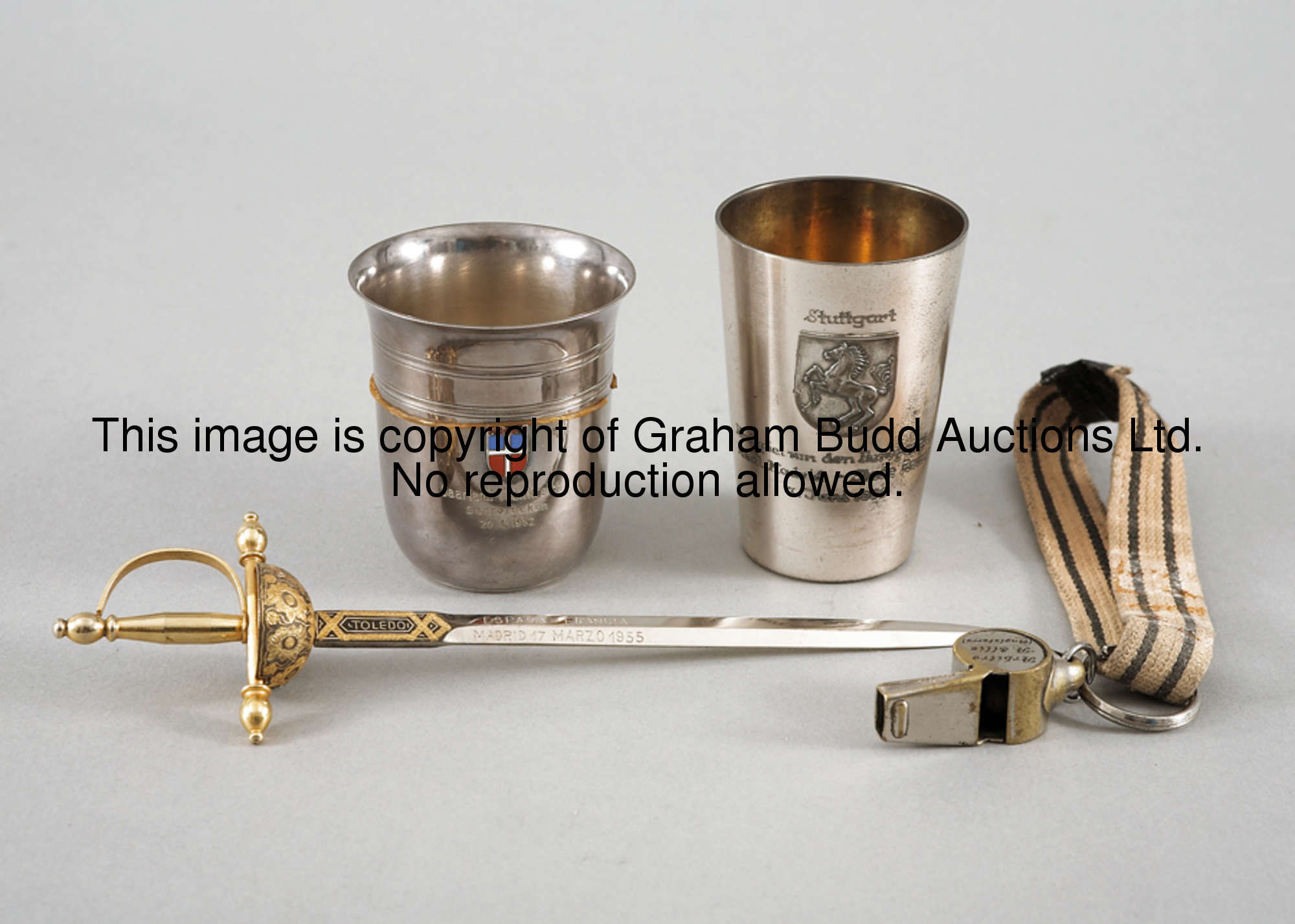 Raymond Kopa memorabilia, comprising: a metal beaker presented on the occasion of the 1959 European ...