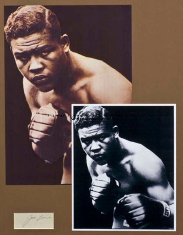 Two signed framed presentations of the heavyweight champions Joe Louis and Max Baer, both mounted wi...