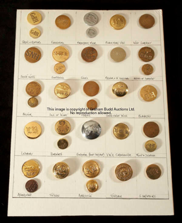 A card of 35 gilt-metal hunt buttons, representation of the Grove & Rufford, Eggesford, Bramham Moor...