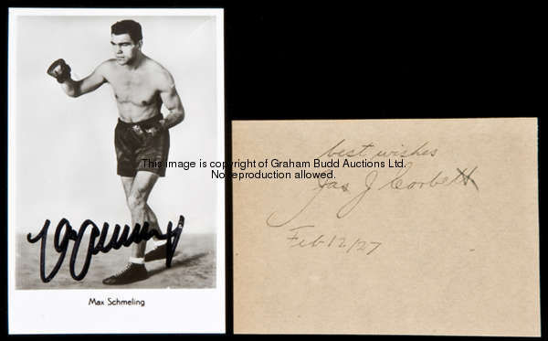 The autographs of the boxers James J. Corbett and Max Schmeling, the Corbett signed in ink on a sing...