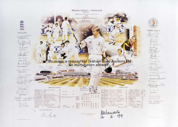 Nelson Mandela and the 1998 South African cricket team in England: a signed artist's proof print, af...