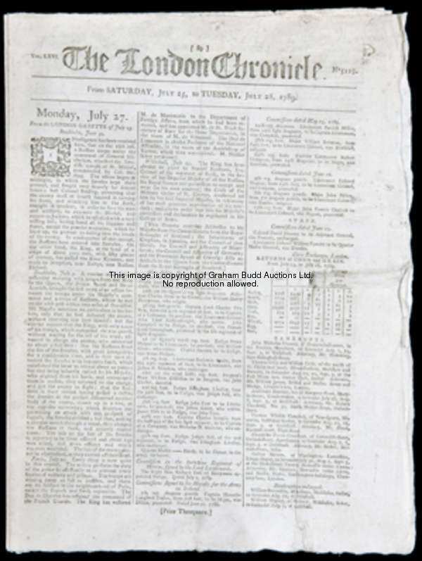 The first printing of the 1788 MCC Laws of Cricket in a newspaper, in a complete and original comple...