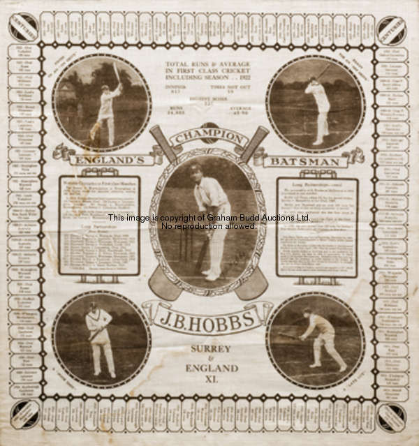 A souvenir handkerchief commemorating Jack Hobbs's hundred centuries, printed circa 1922 with portra...