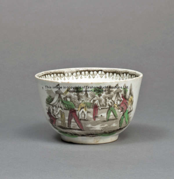 A Victorian Staffordshire bowl, printed in colours with a repeated design of a cricket match with te...