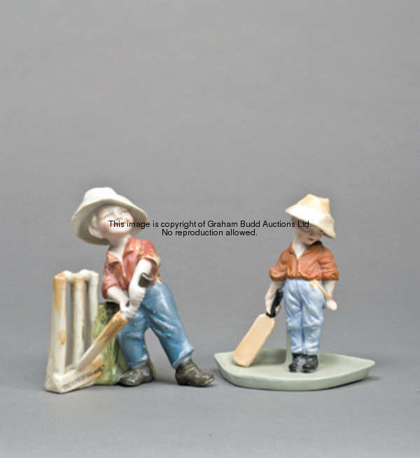 Two Kinsella ceramic figures of boy cricketers, one titled 'The Hope of his Side', the other based o...