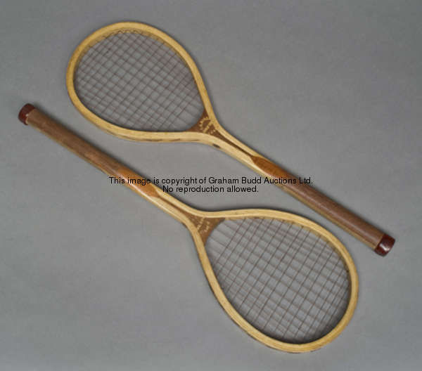 A rare pair of F.H. Ayres strung table tennis racquets circa 1900, with original leather butt caps