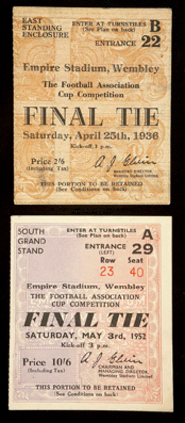 1936 & 1952 F.A. Cup final ticket stubs Arsenal v Sheffield United and Arsenal v Newcastle United (2...