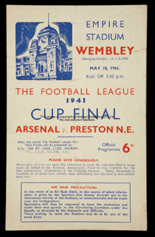 Wartime Cup final programme Arsenal v Preston North End played at Wembley 10th May 1941  The match e...