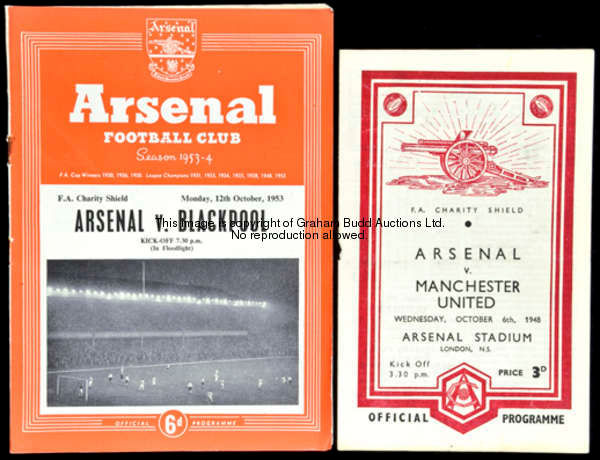Two Charity Shield programmes involving Arsenal, v Manchester United 6th October 1948, and v Blackpo...