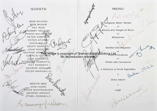 An autographed Arsenal 1970-71 double-season 25th anniversary dinner menu, the signatures collected ...