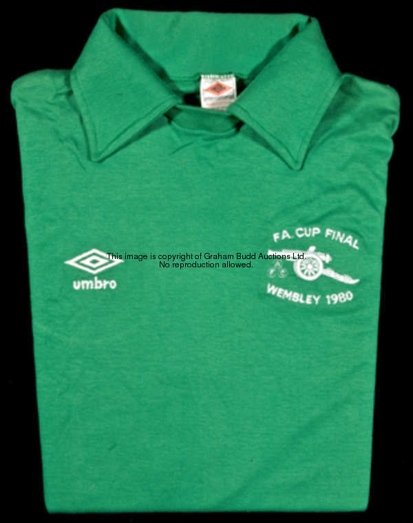 Pat Jennings: a green Arsenal 1980 F.A. Cup final goalkeeping jersey, long-sleeved, with embroidered...