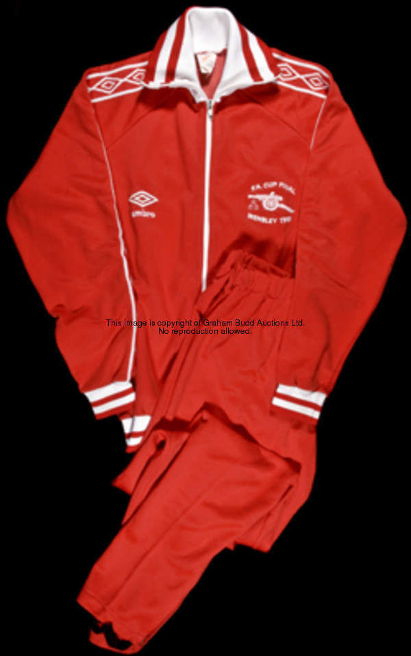 Willie Young's red Arsenal 1980 F.A. Cup final track suit, top and bottoms, the front of the top emb...