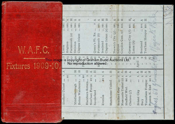 A Woolwich Arsenal fixture list season 1909-10, red cloth covered boards stamped gilt, fixture list ...