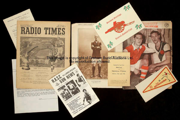 An assortment of Arsenal FC ephemera, various souvenir newspapers, magazines, pictorial souvenirs an...