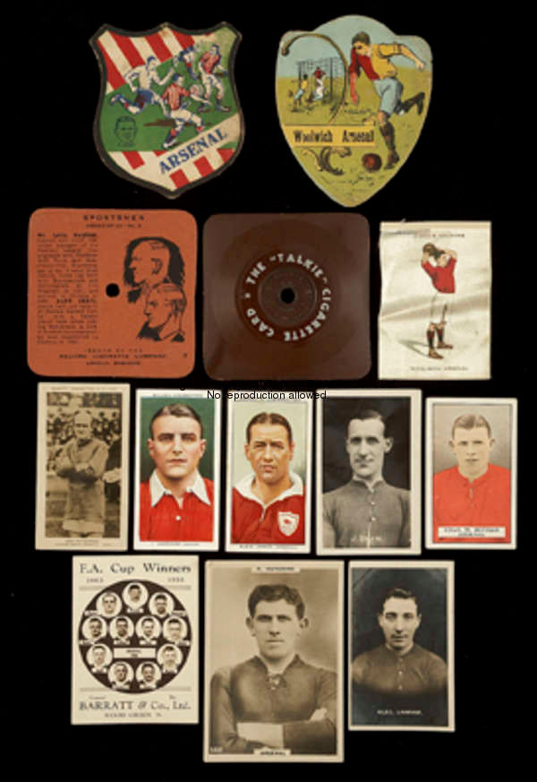 Trade and cigarette cards featuring Arsenal FC and their players, including a Baines Woolwich Arsena...