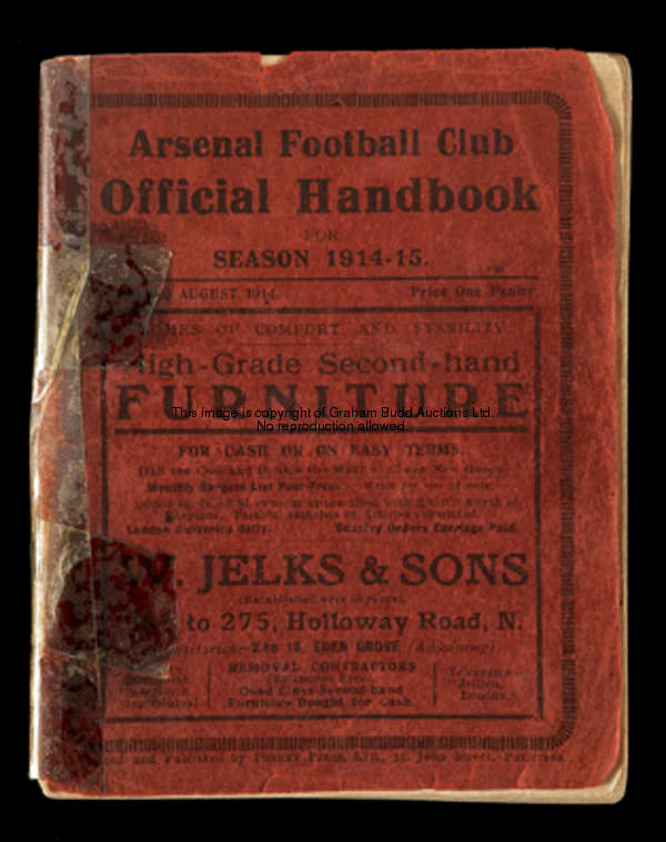 The first Arsenal FC handbook published for season 1914-15, sellotape repairs to covers  This was th...