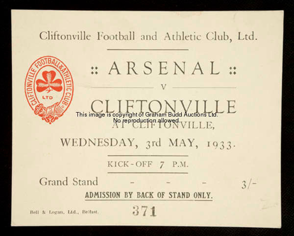 A rare pre-war ticket for the Cliftonville v Arsenal match 3rd May 1933