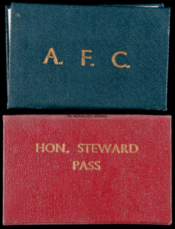 Two Arsenal FC Honorary Steward passes for seasons 1950-51 and 1951-52, cloth covered boards tamped ...