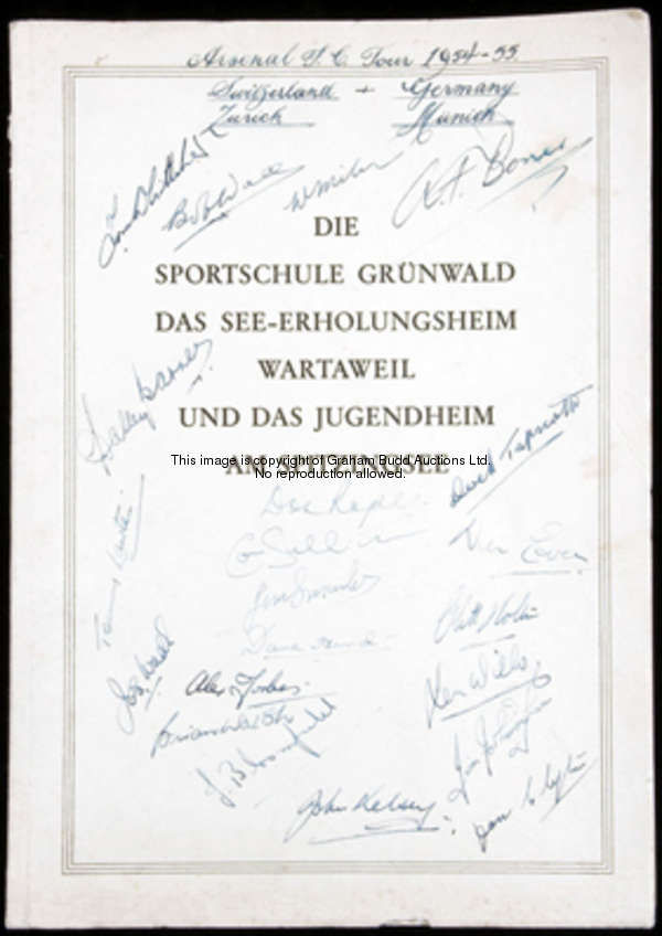 A German brochure signed by the Arsenal continental tour party in season 1954-55, 21 signatures in i...