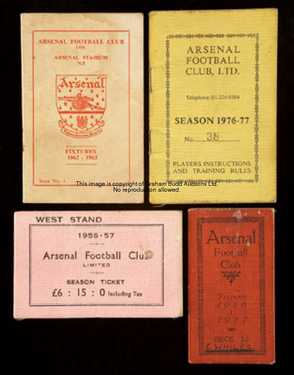 Arsenal Admission tickets and fixture lists, a fixture list for season 1926-27, a season ticket book...