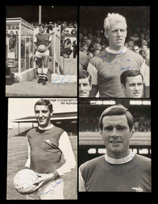 28 autographed 1960s b&w press photographs of Arsenal players, mostly backstamped and captioned, var...