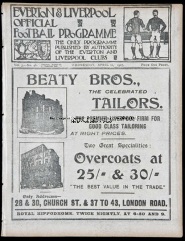 Everton v Woolwich Arsenal programme 10th April 1907, a combined-issue also covering Liverpool reser...