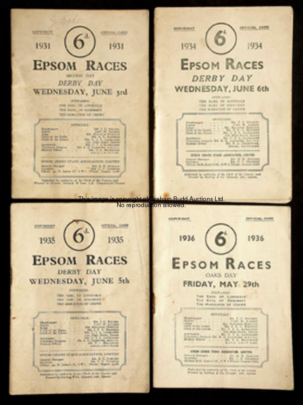 Five Derby Day Epsom racecards, for 1931, 1934, 1935 & 1937 & 1956, together with an Oaks Day card f...