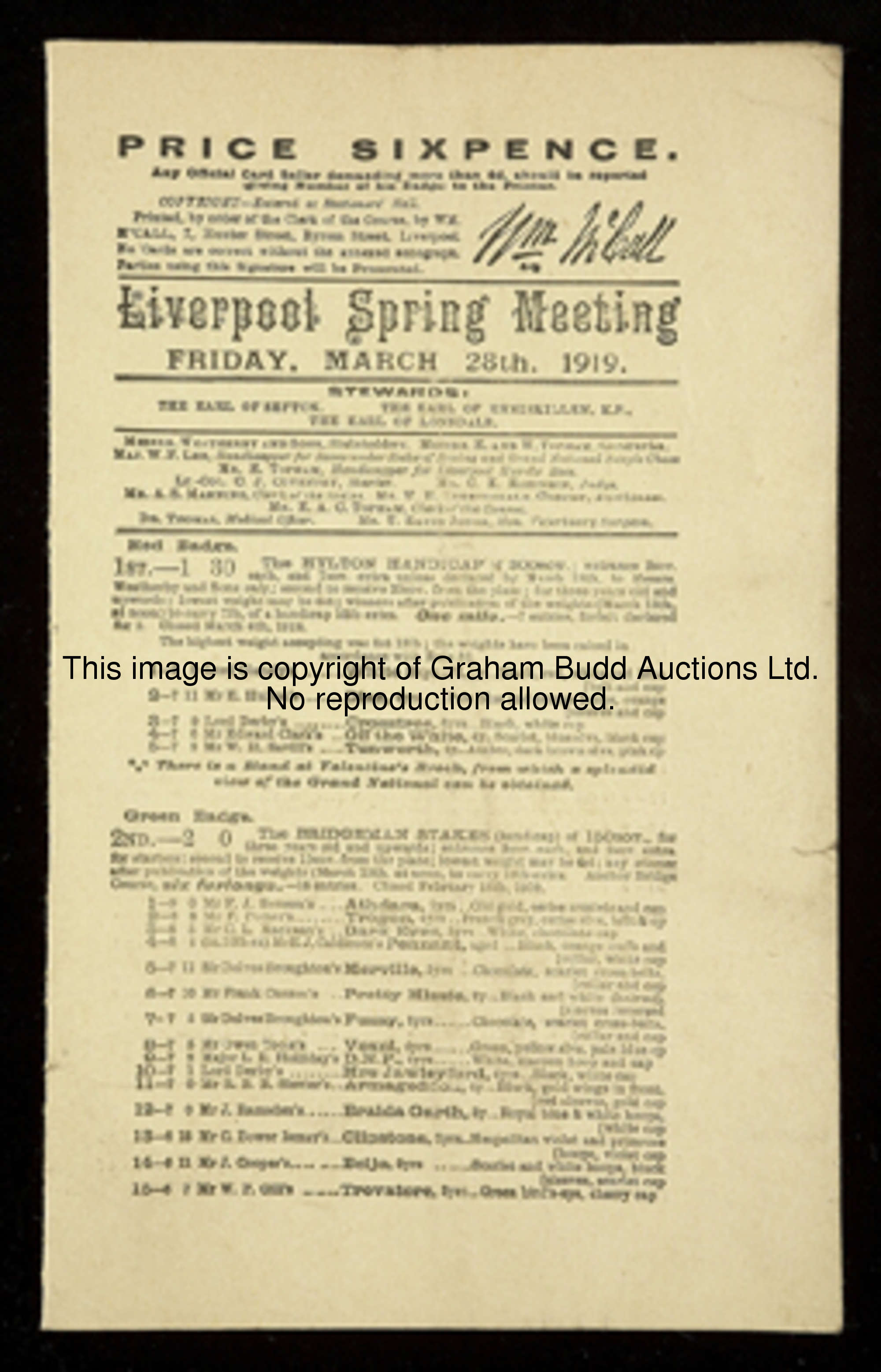 A racecard for the 1919 Grand National won by Poethlyn ridden by Ernie Piggott, published by William...