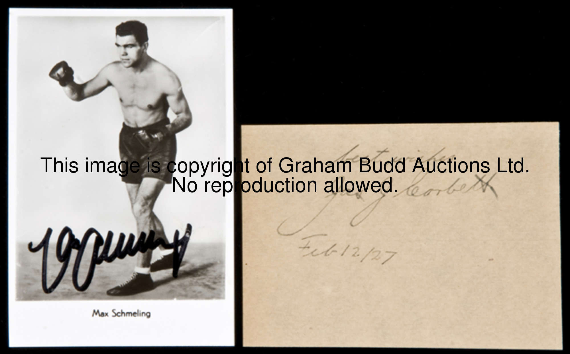 The autographs of the boxers James J. Corbett and Max Schmeling, the Corbett signed in ink on a sing...