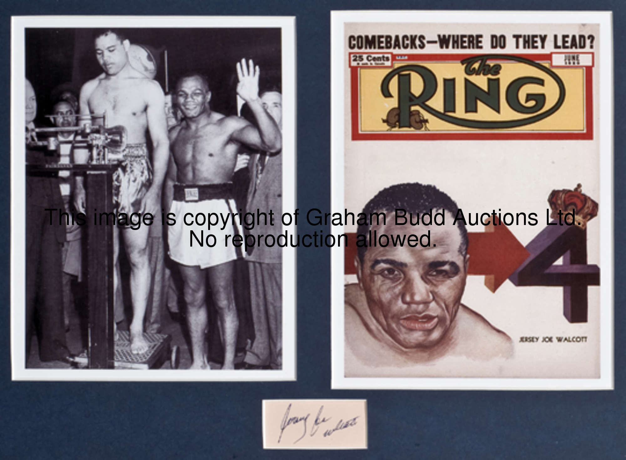 A group of four signed heavyweight boxing framed presentations, each mounted with scanned photograph...