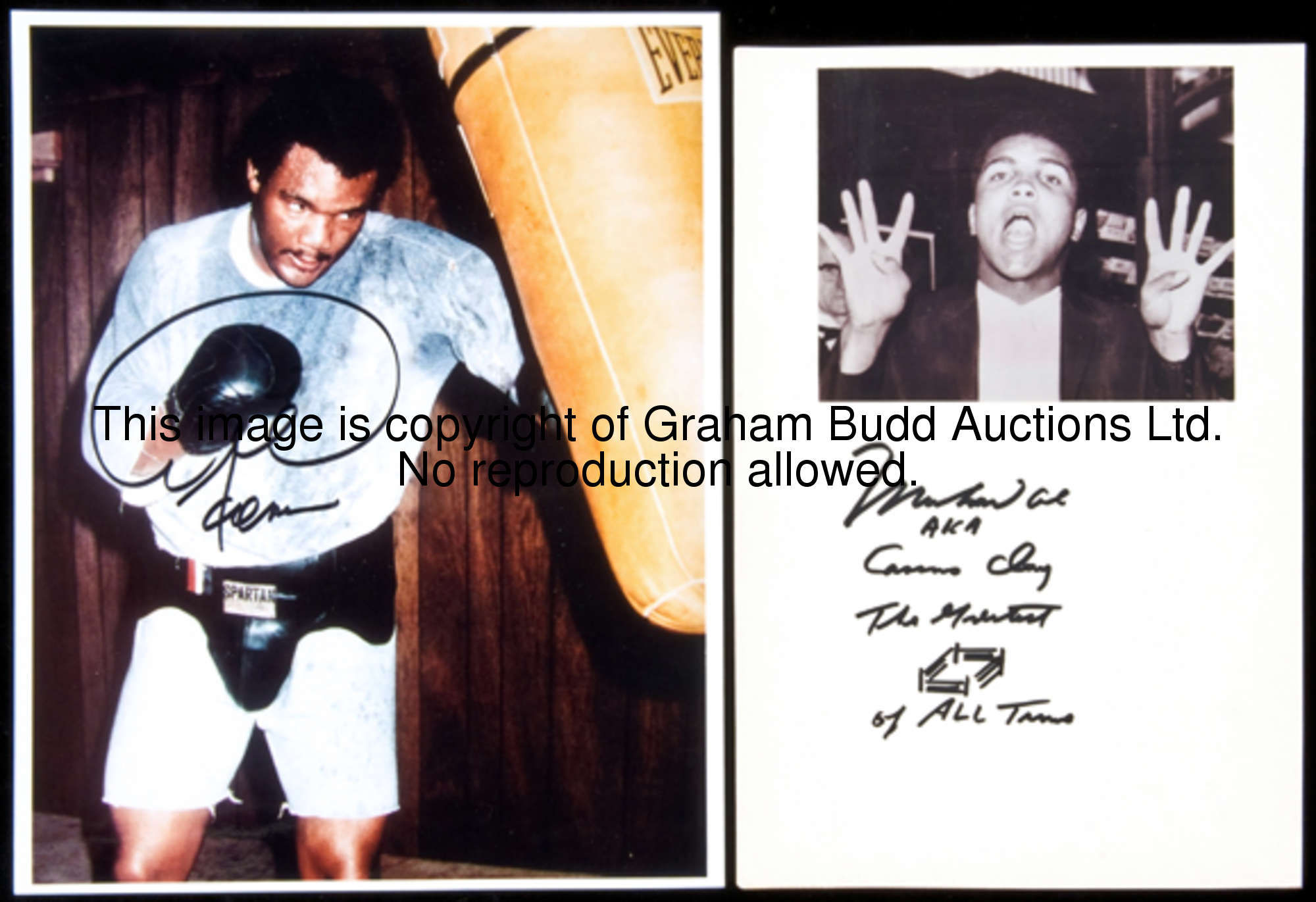 The autographs of the boxers Muhammad Ali and George Foreman, the Ali signature in black marker pen ...