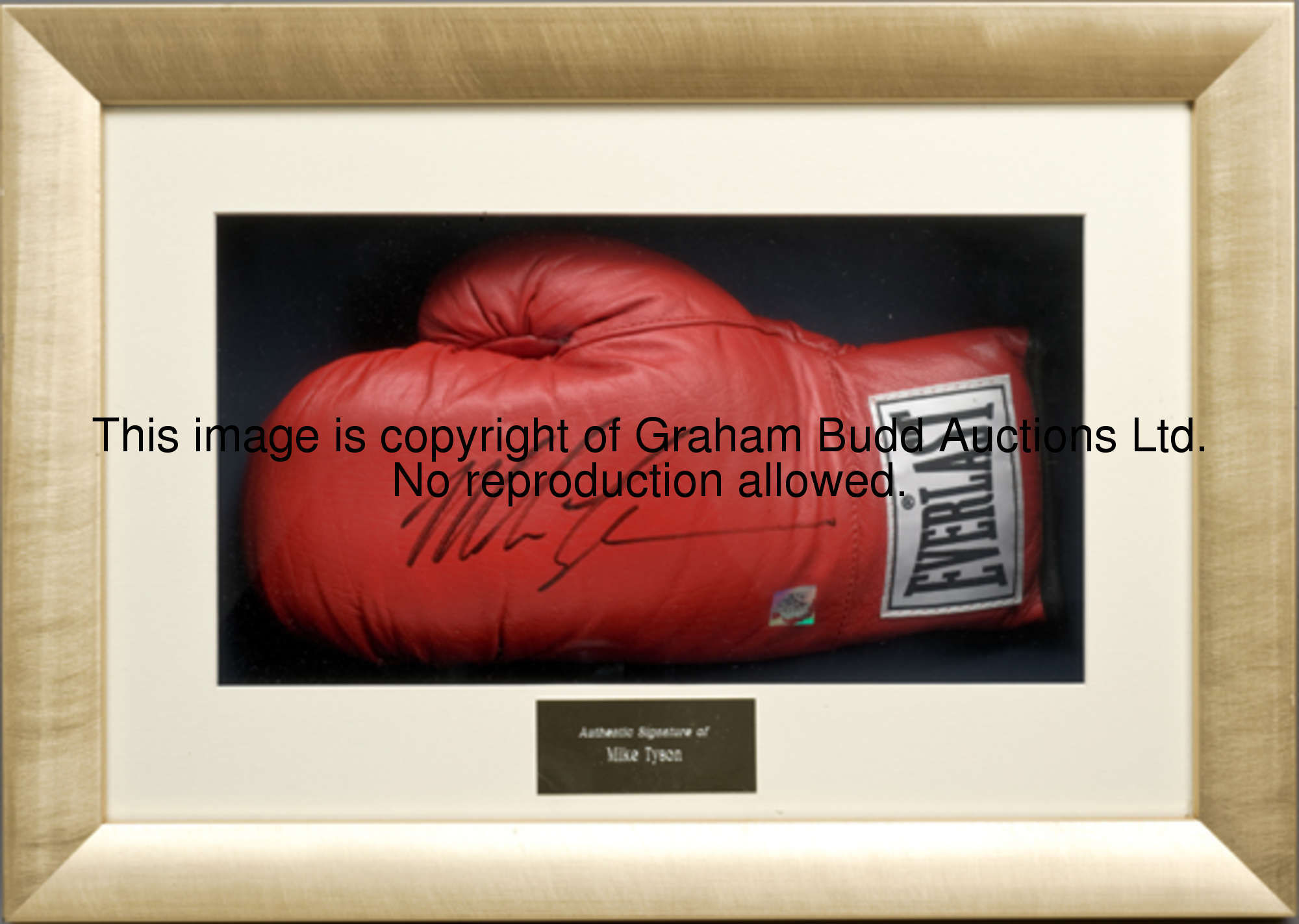 A red Everlast boxing glove signed by Mike Tyson, signed in black marker pen, in a customised displa...