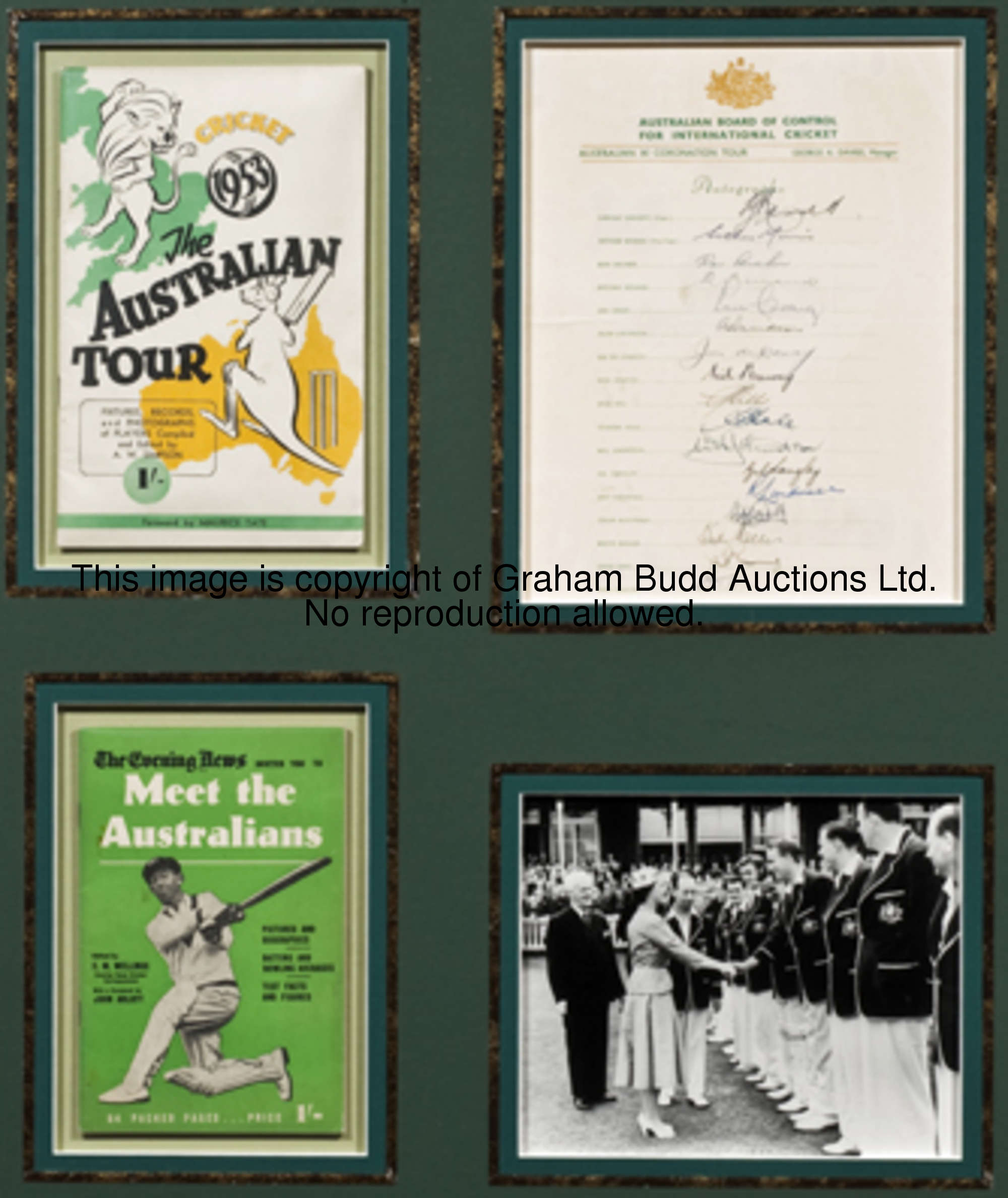 An autographed display of the Australian 1953 Coronation Tour to England, comprising an official she...