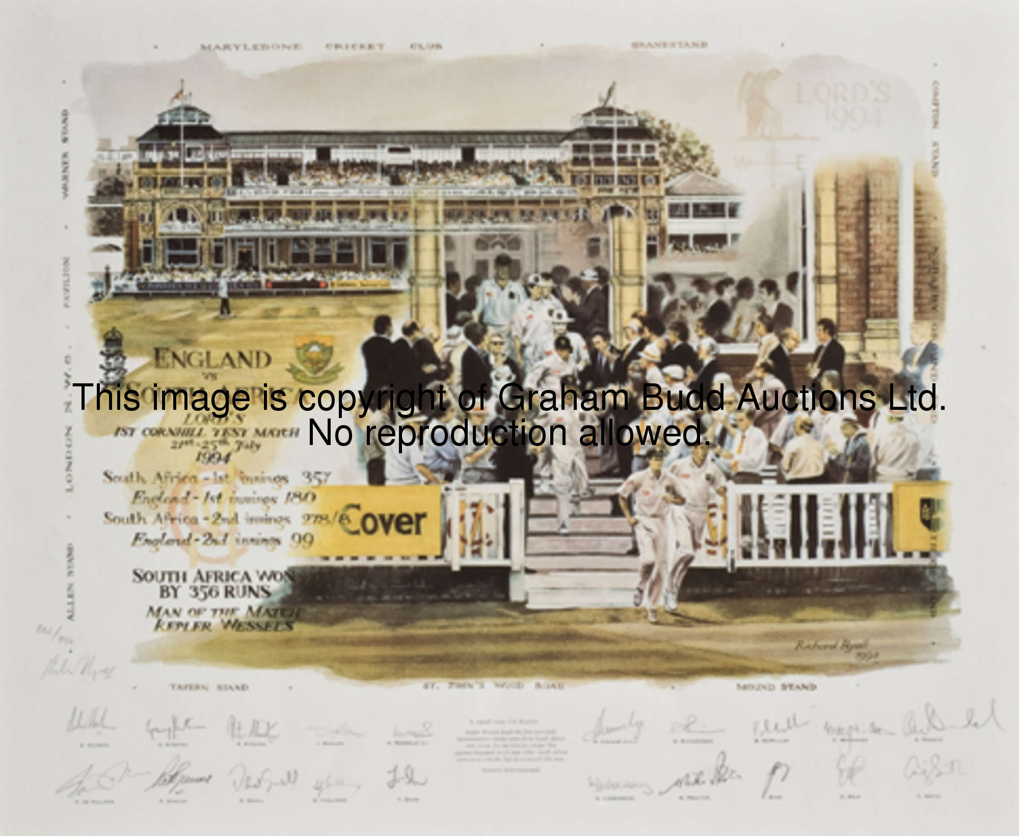 A limited edition print signed by the first post-apartheid South African test team to England in 199...