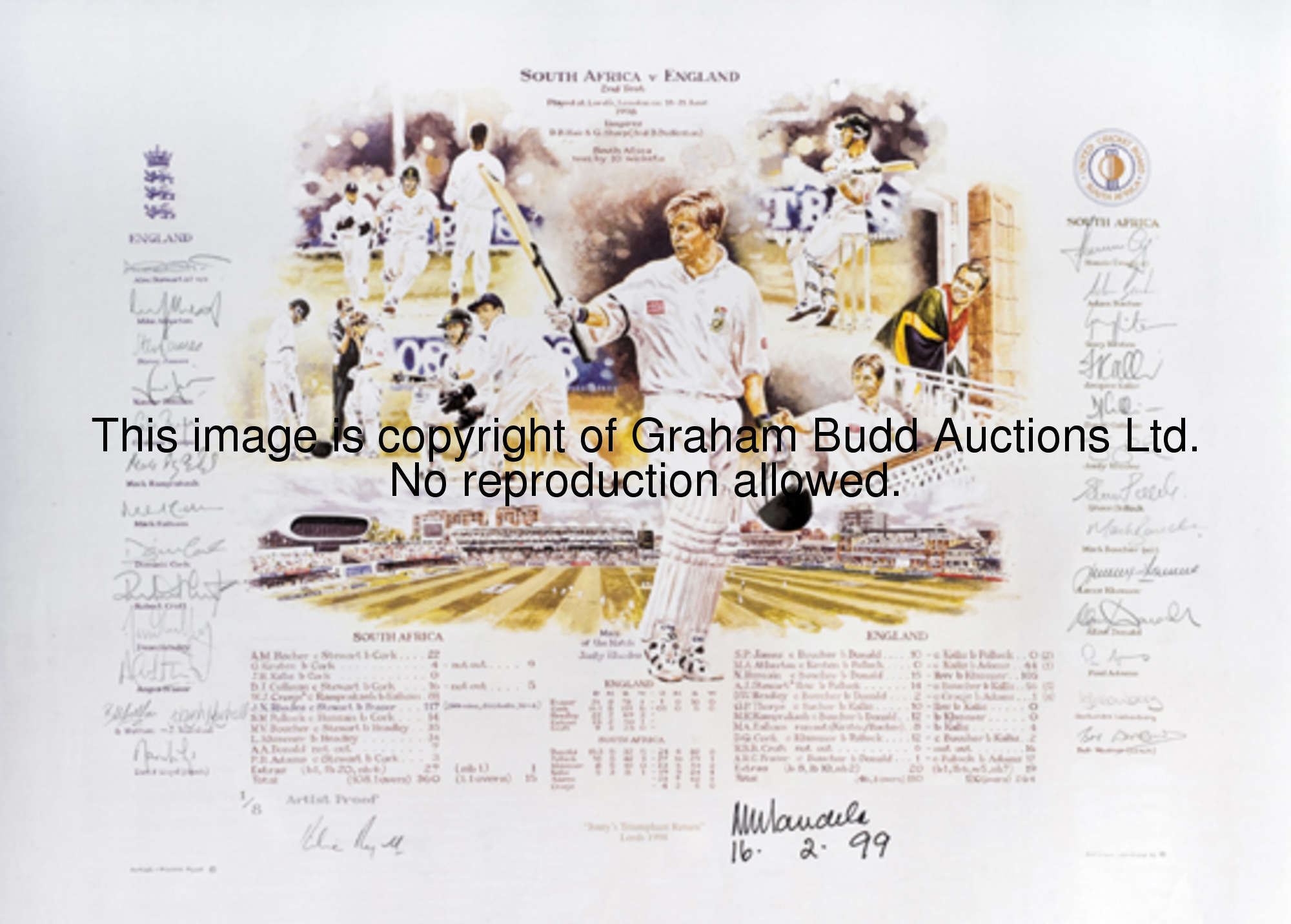 Nelson Mandela and the 1998 South African cricket team in England: a signed artist's proof print, af...