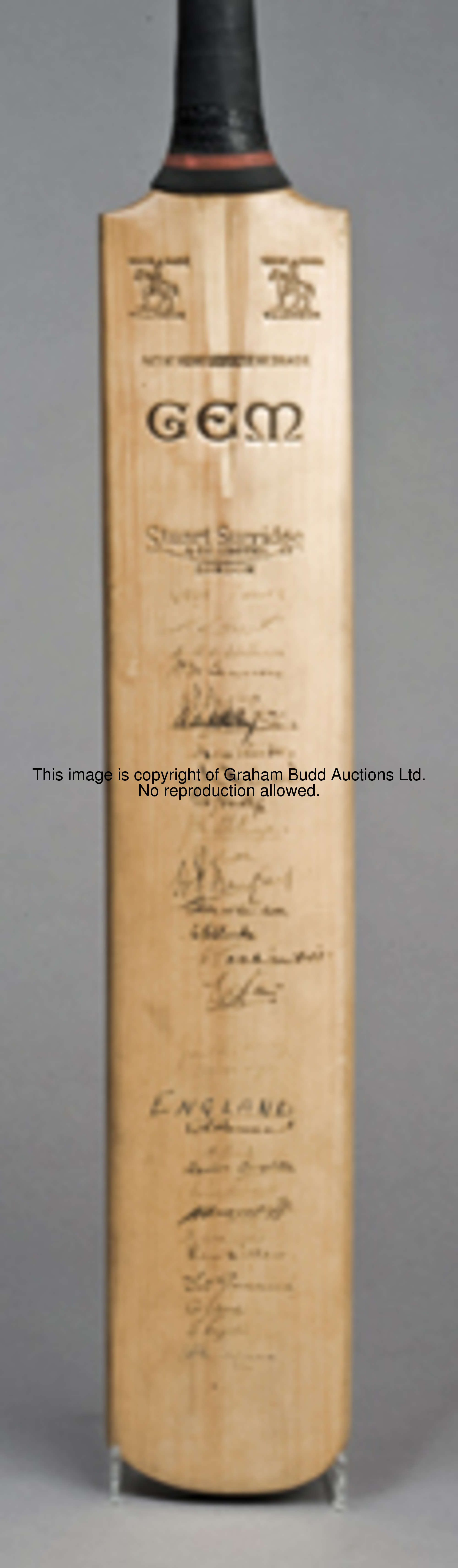 A cricket bat signed by the 1939 England and West Indies Test teams and by seven county sides, a Stu...