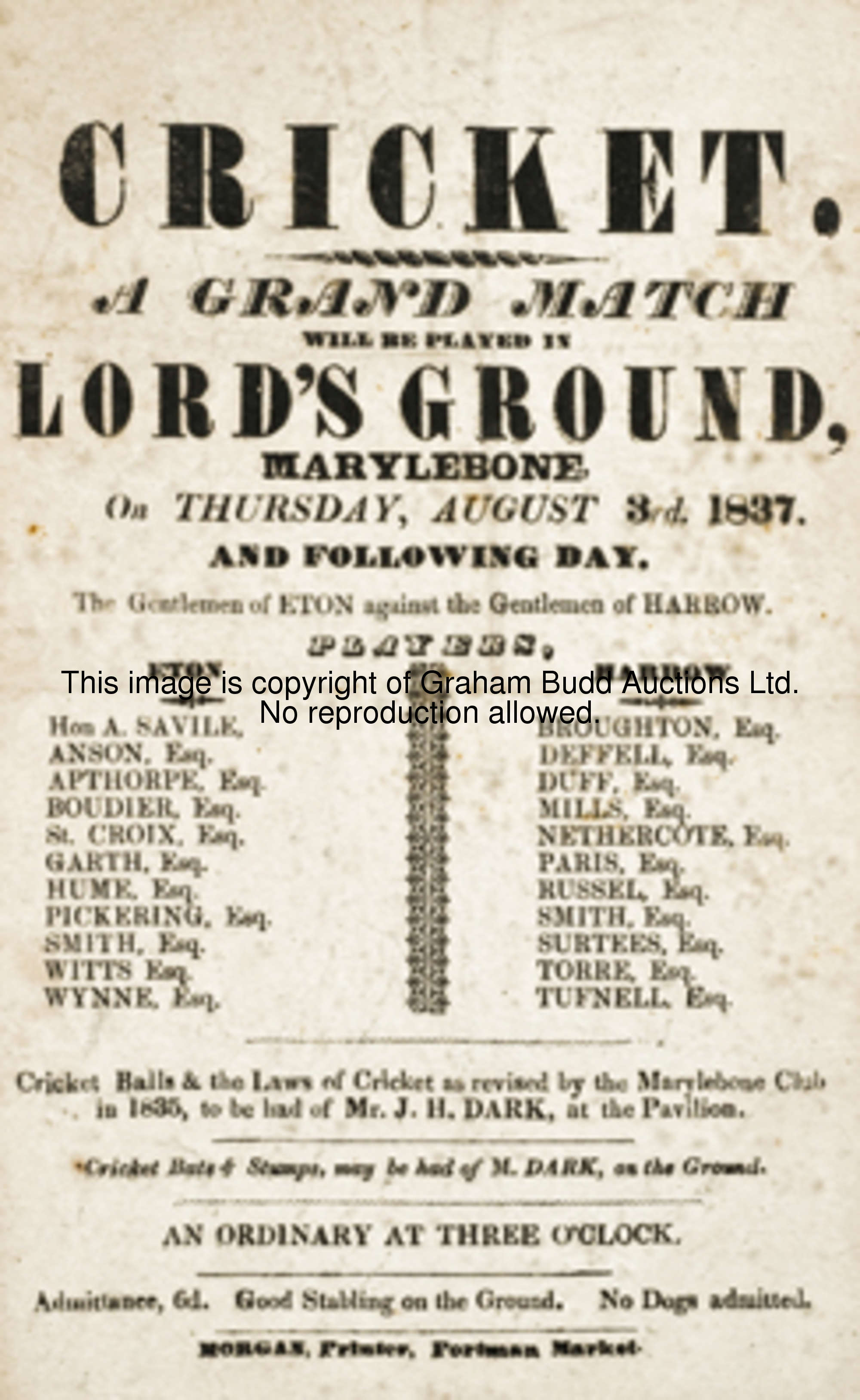 A handbill for the Eton & Harrow cricket match at Lord's 3rd & 4th August 1837, printed by Morgan of...