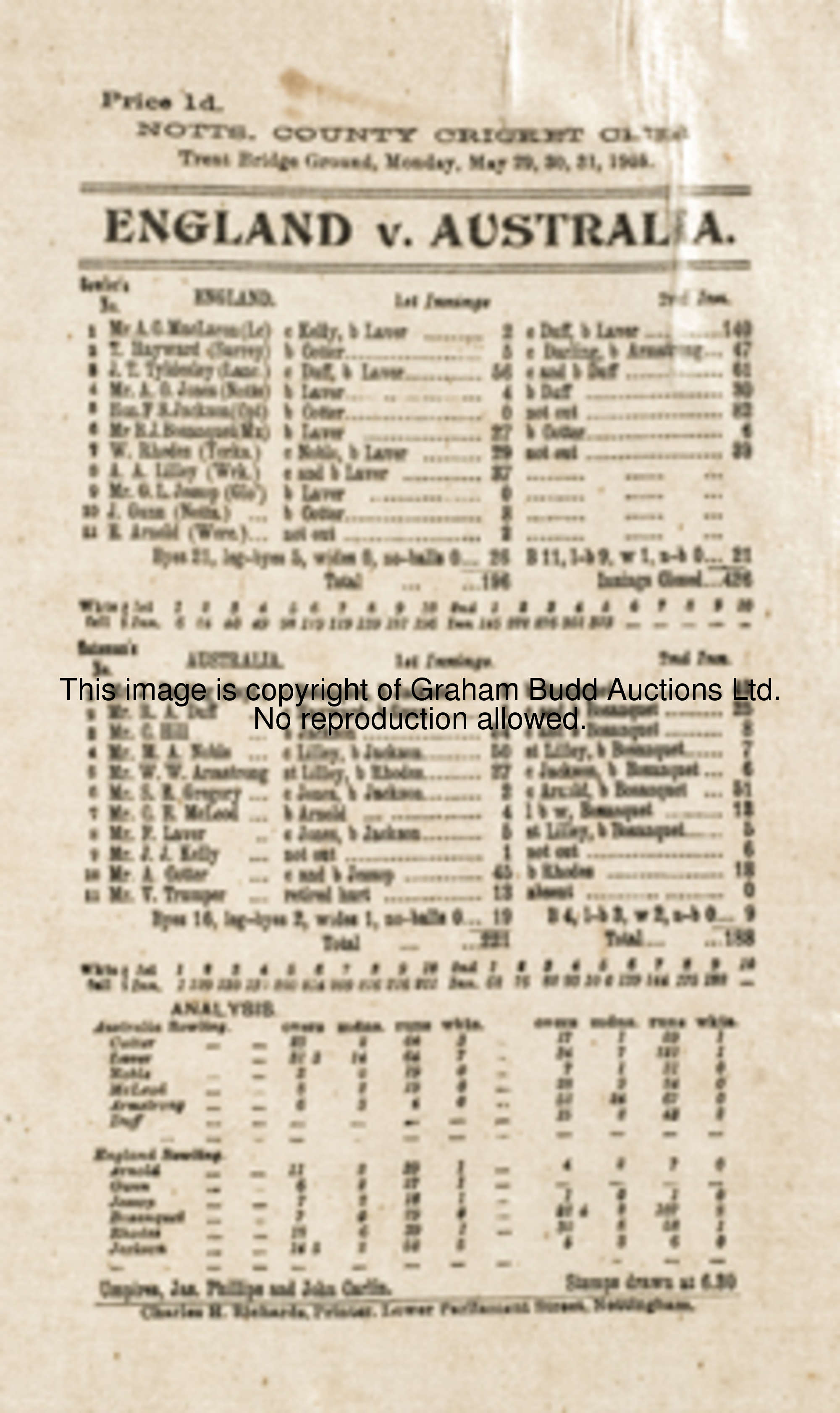 A silk scorecard commemorating the England v Australia Test Match at Trent Bridge in 1905, notable p...