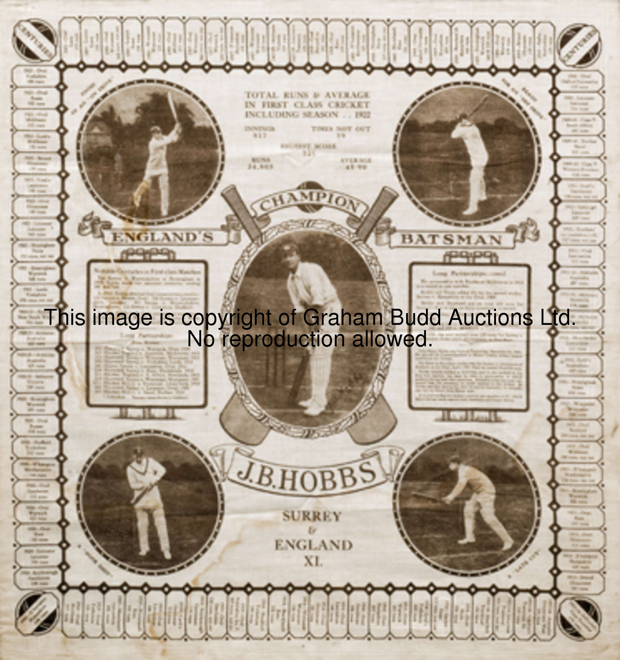 A souvenir handkerchief commemorating Jack Hobbs's hundred centuries, printed circa 1922 with portra...