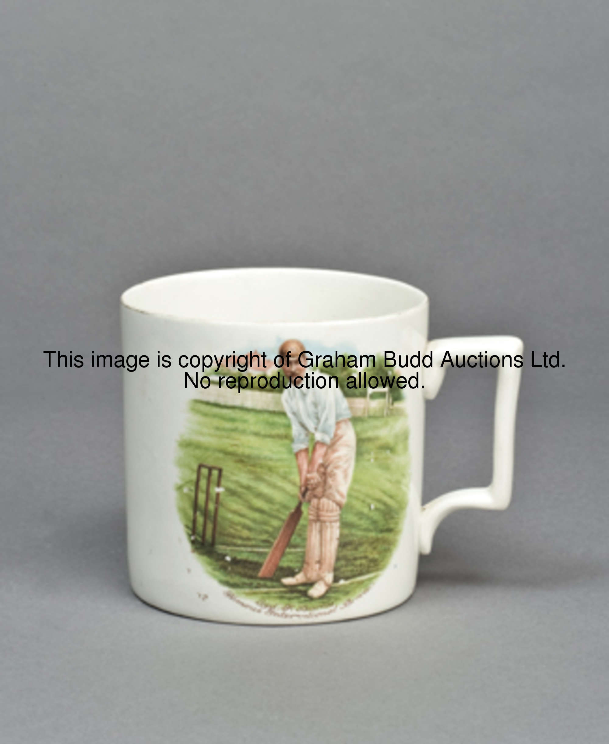 A Staffordshire mug, printed in colour with a portrait of Syd F. Barnes at the crease, and inscribed...