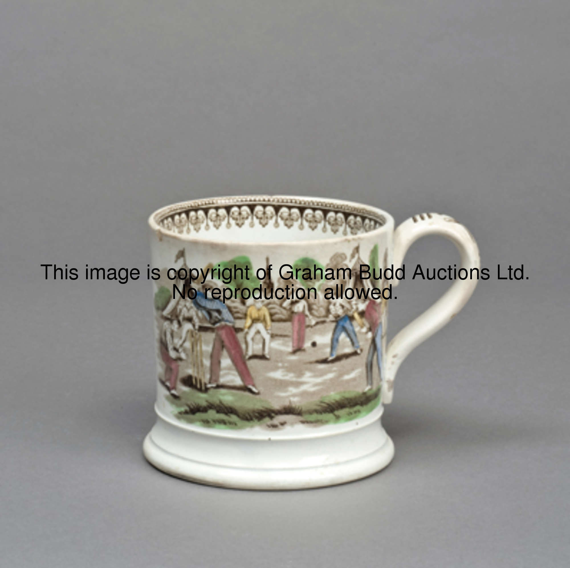 A Victorian Staffordshire mug, printed in colours with two designs of a cricket match with tents and...