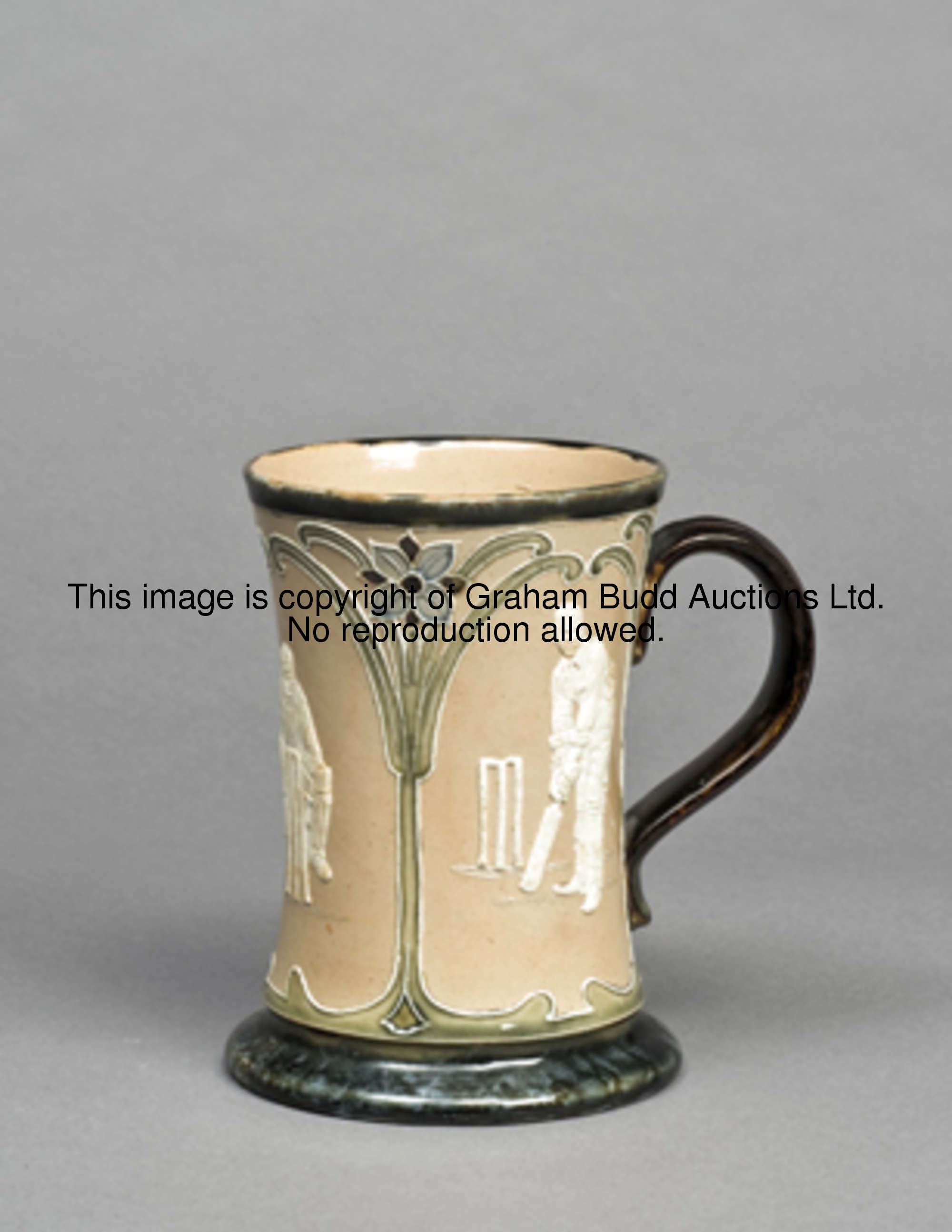A Doulton Lambeth stoneware mug, in Art Nouveau style, moulded in relief with figures of Abel, Woods...