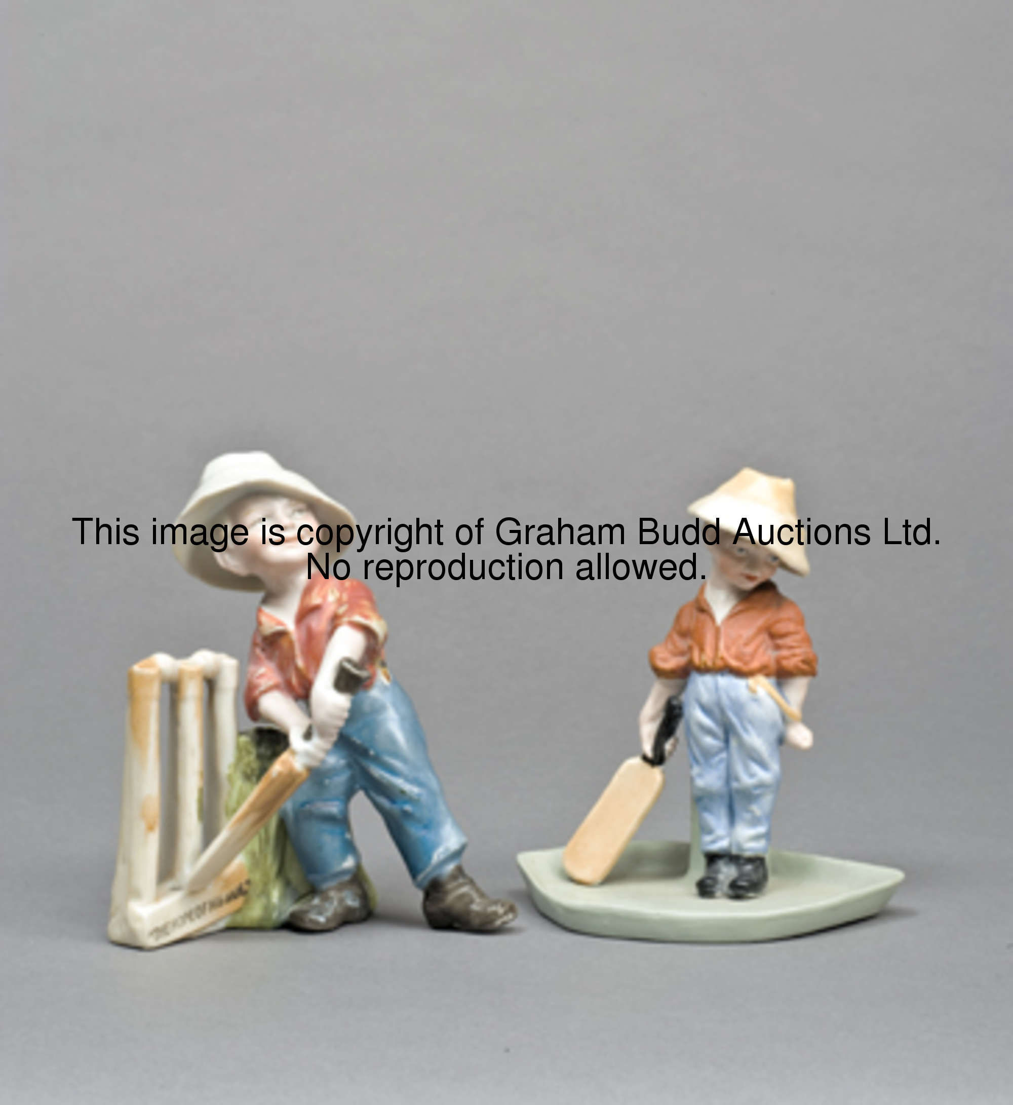 Two Kinsella ceramic figures of boy cricketers, one titled 'The Hope of his Side', the other based o...