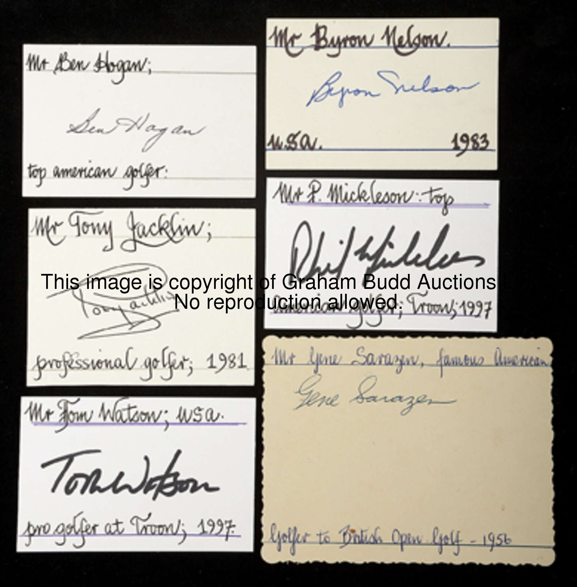 42 golfers autographs including many Majors winners, each signed on individual cards with manuscript...