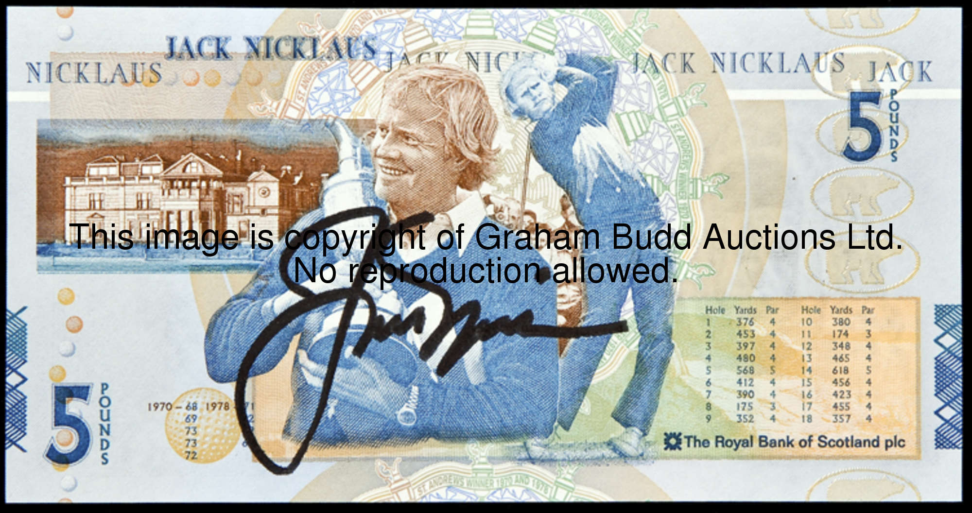 A Royal Bank of Scotland five pounds banknote autographed by Jack Nicklaus, signed in black marker p...