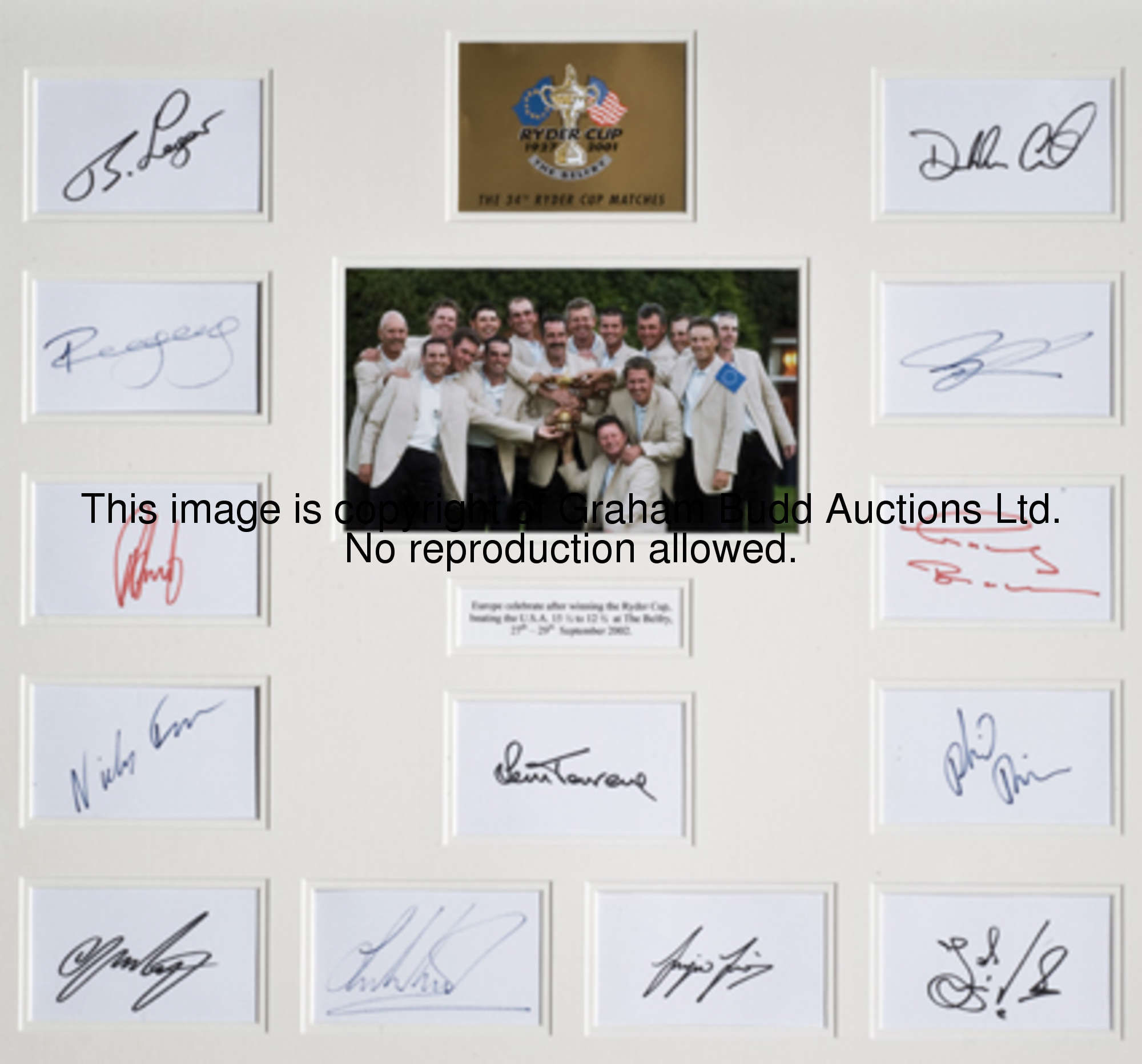 A 2002 Ryder Cup autographed display, fully-signed by the European team and captain together with a ...